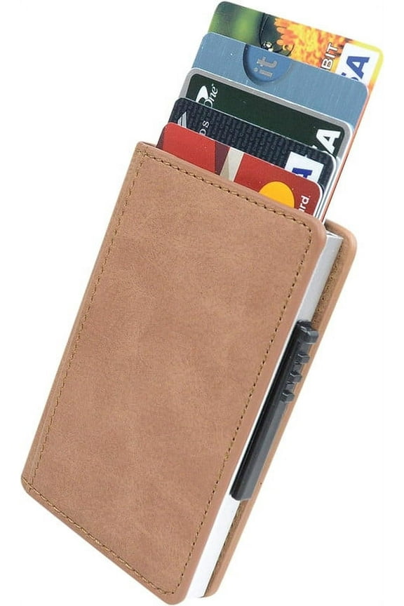 Leather Wallet with Metal Case Credit Card Holder with Magnetic Lock (Up to 5 Cards), Plastic Switch with 2 Slots, Minimalist Slim Wallet for Men Women, Holds Cards ID Cash (Brown)