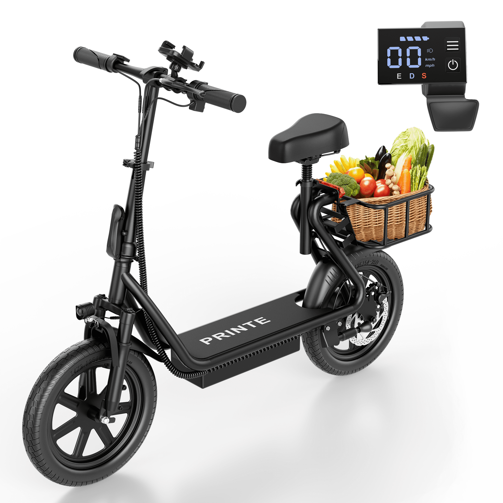 PRINTE N30 500W Electric Scooter with Adjustable Seat for Adult, 14 inch Commuter Electric Scooter with Basket and Adjustable Handlebar to 27 Miles 22MPH