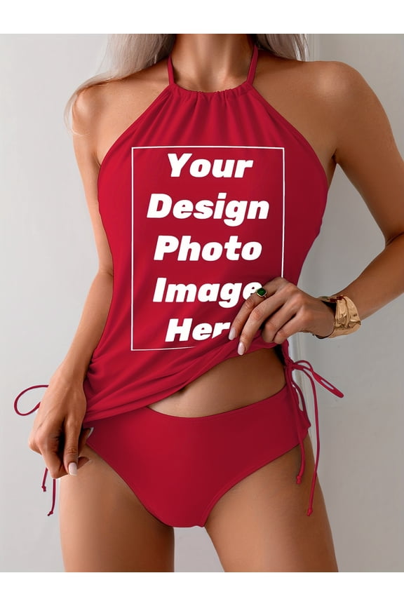 PRINTED IN USA,[[Custom Swim Suits] Two Piece Custom Swim Suits for Women | Personalized Print Tankini - Tummy Control Swimsuits - Add Your Image Photo Design Special Gift - Bathing Suit Split Set.