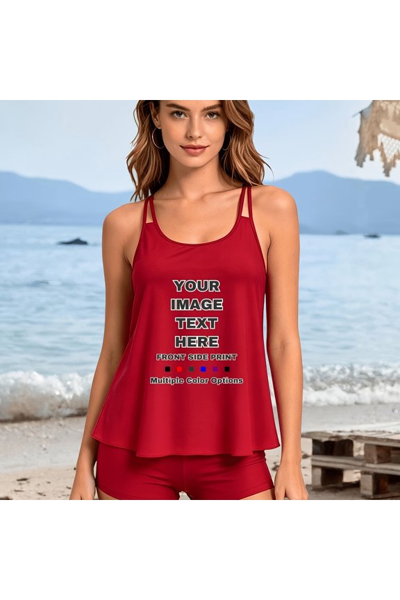 PRINTED IN USA,Custom Swim Suits for Women Personalized Print Tankini - Add Your Image Photo Design Special Gift - Tummy Control Swimsuits Bathing Suit Two Piece Split Swimsuit Set Neck Bathing Suits