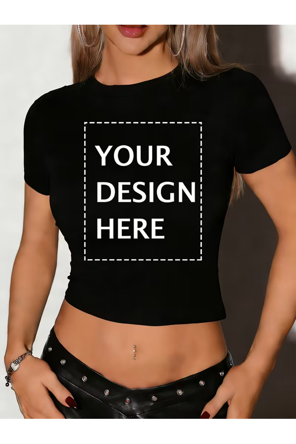 PRINTED IN USA,Custom Women'S Crop Tops Personalized Print Slim Fit Trendy Tee - Add Your Image Photo Design Special Gift - Cute Summer Scoop Neck Basic Tees Short Sleeve T Shirts For Gym Clothes.