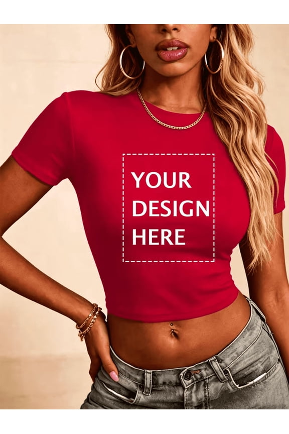 PRINTED IN USA,Custom Women'S Crop Tops Personalized Print Slim Fit Trendy Tee - Add Your Image Photo Design Special Gift - Cute Summer Scoop Neck Basic Tees Short Sleeve T Shirts For Gym Clothes.