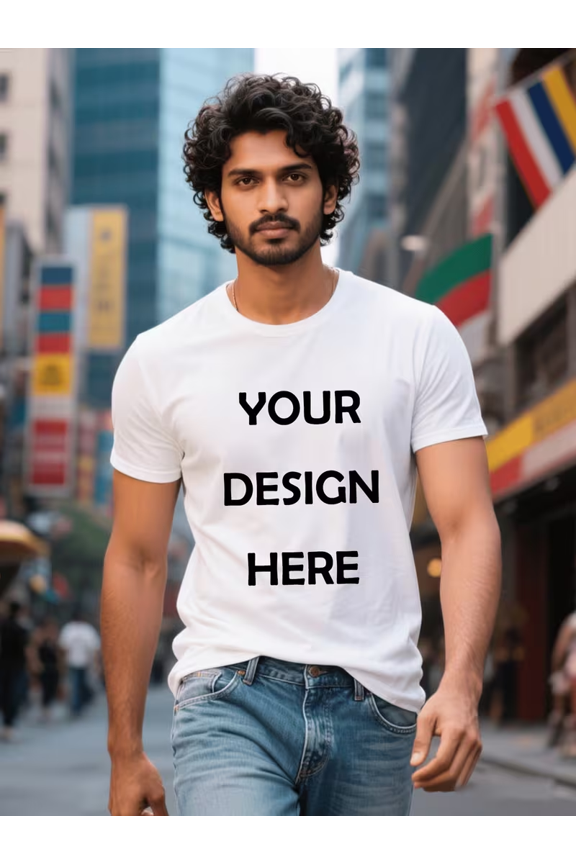 PRINTED IN USA,Customizable Men T-Shirt - Personalized Digital Print Image/Text, Geometric Pattern, Machine Washable Round Neck Short Sleeve Tee for Holidays, Weddings & Corporate Events.