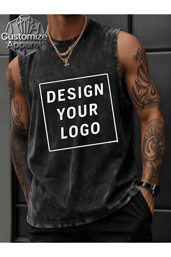 PRINTED IN USA,Personalized Single-Sided Custom Logo/ Name Vintage Washed Sleeveless Tee - Retro Black Tank Top for Men, Perfect for Branding, Events, Gifts, or Elevating Daily Casual Outdoor Looks.