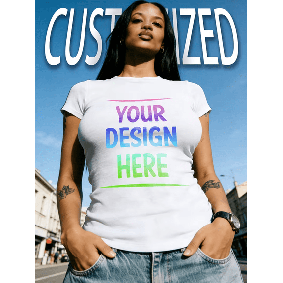PRINTED IN USA,Women'S Personalized T-Shirt Round Neck,Lightweight Soft Breathable Custom Design Tee,Machine Washable Casual Everyday Top For Summer,Can Print Personal Pictures Or Text As Needed.