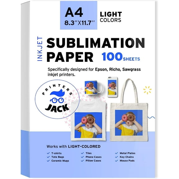 Printers Jack Sublimation Paper A4 125 GSM 100 Sheets 8.3" x 11.7" Compatible with Epson, Ricoh, and Sawgrass Inkjet Printers, 1 Layer