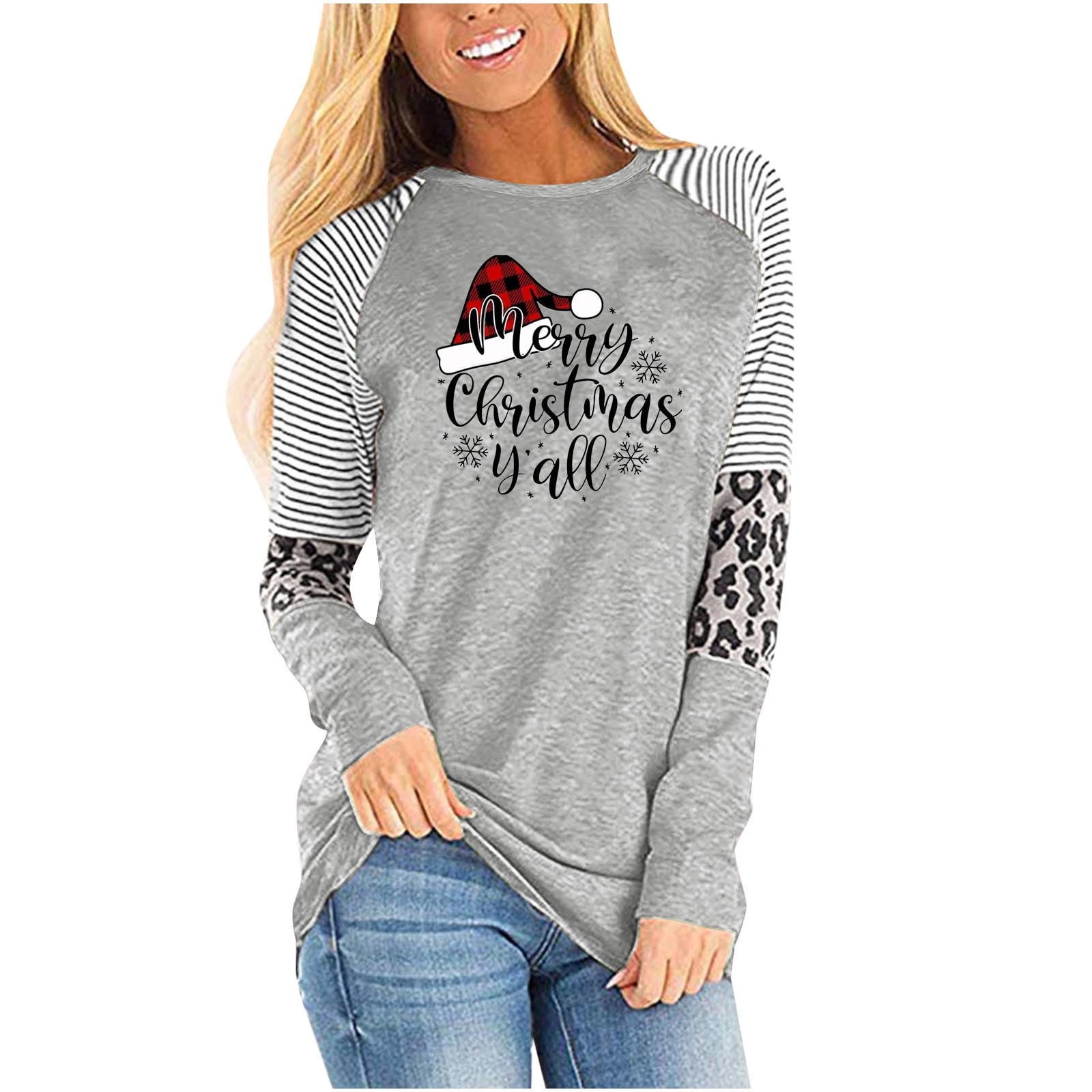 Christmas Shirts for Women Women's Long Sleeved Round Neck Merry Christmas  Printed Pullover Sweater Top Tee Shirt