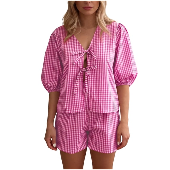 PRINxy Cotton Pajama Sets for Women Puff Sleeve Plaid Gingham Top with Elastic Waist Shorts Lightweight Short Sleeve Two Piece Loungewear Hot Pink M