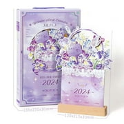 PRINxy Flower Calendar 2024 Wooden Insert Card Desktop Decoration Cute Art Calendar-Removable Monthly Design for Easy Note-Taking-Memo Table for Important Dates,Purple,