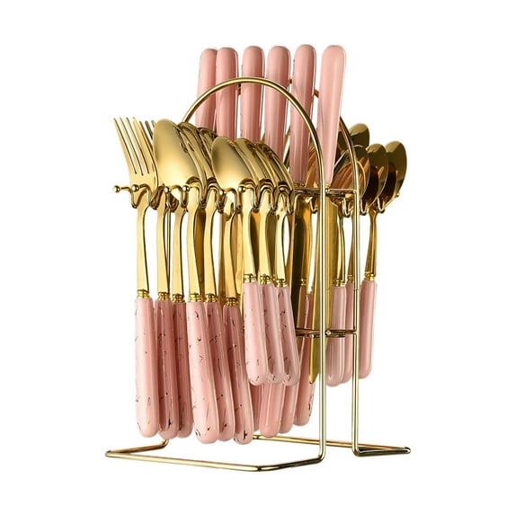 PRINxy Gold Silverware Cutlery Gift Set With Box,24-Piece Stainless Steel Gold Flatware Set,Christmas Kitchen Utensils Knife Fork Spoon Dinnerware Tableware Kit Pink