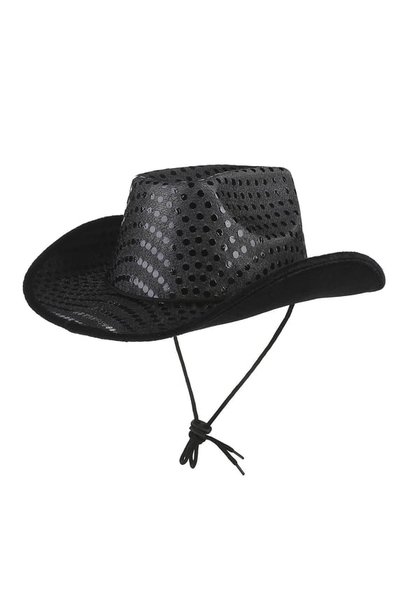 Men's Black Dot Sequin Western Cowboy Hat with Adjustable Chin Cord, Breathable Wide Brim UV Sun Cap for Beach Trips & Outdoor Festivals Black