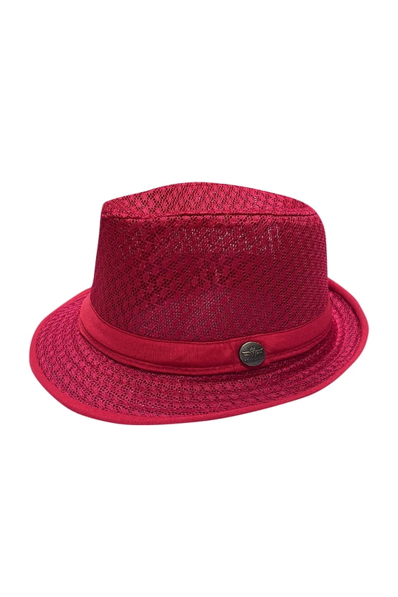 Men's Breathable Mesh Trilby Fedora Sun Hat, Lightweight UV Protective Cap for Summer Beach Outdoor Travel Casual Wear Red