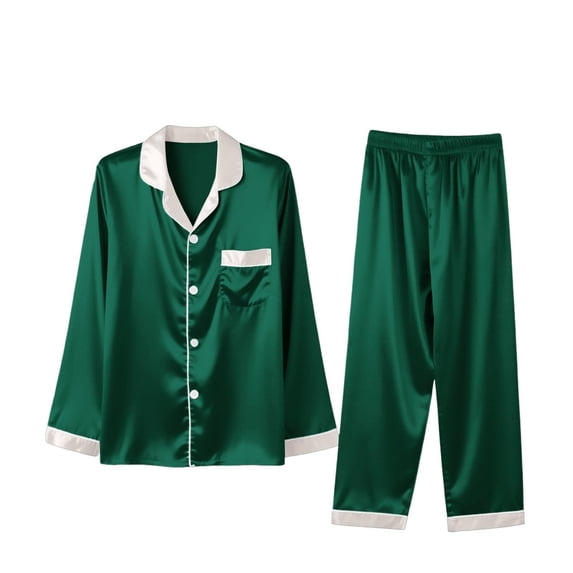 PRINxy Men's Satin Silky Pajamas Sets Long Sleeve Lapel Shirt and Elastic Waist Straight Pant Sofy Comfy Sleepwear Set Solid Button Down Loungewear Sets Green XL