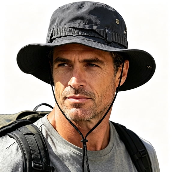 PRINxy Men's Tactical Wide Brim Fishing Bucket Hat, Breathable Eyelets Foldable Sun Cap with Chin Strap for Hiking Camping Dark Gray