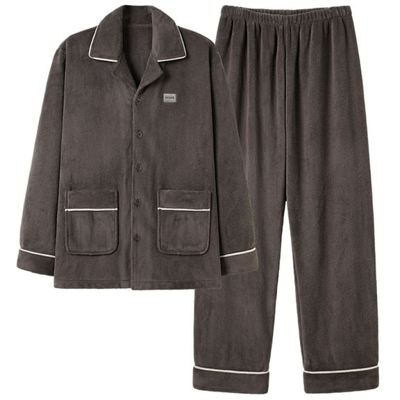 PRINxy Men's Thickened Fleece Pajama Sets Long Sleeve Lapel Button Up Top with Elastic Waist Straight Pants 2 Piece Loungewear Sets for Daily and Night Relaxation Brown XL