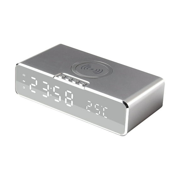 PRINxy Multifunctional Desktop Alarm Clock Wireless Charging Bluetooth Earphone Clock Charger Digital Display Intelligent 10W Mobile Phone Fast Charging Silver