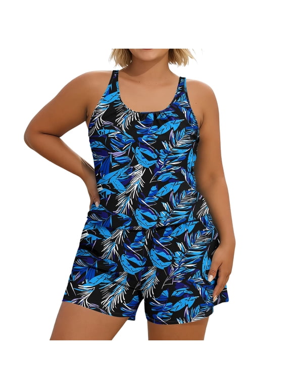 Plus Size Summer Round Neck Tropical Leaf Print One Piece Swimsuit with Pocket Wire Free Padded Cups Modest Conservative Large Size Beach Swimwear Navy S