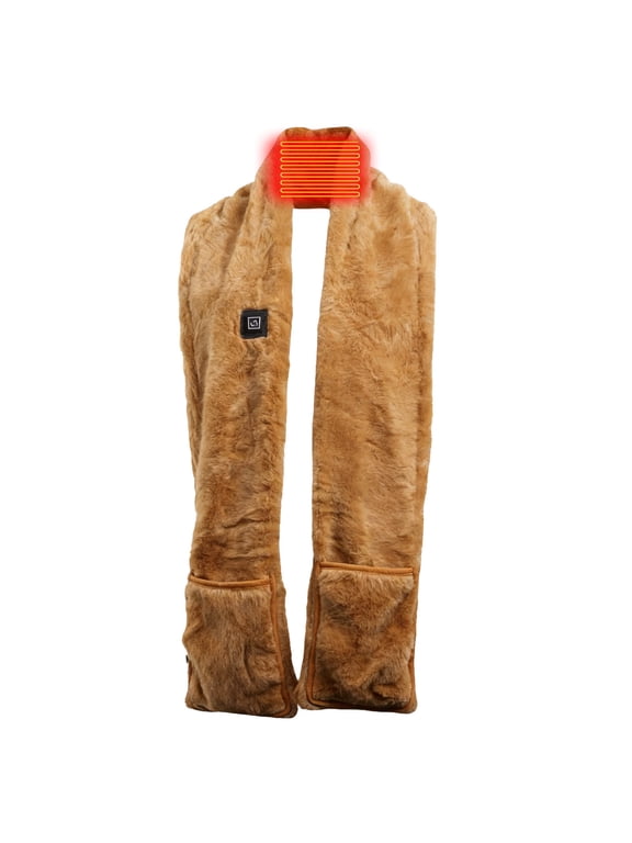 USB Heated Faux Fur Neck Wrap Scarf With Built-In Hand Pockets, Thermal Adjustable Warm Shawl For Winter Ski Trips Cold Daily Commutes Brown