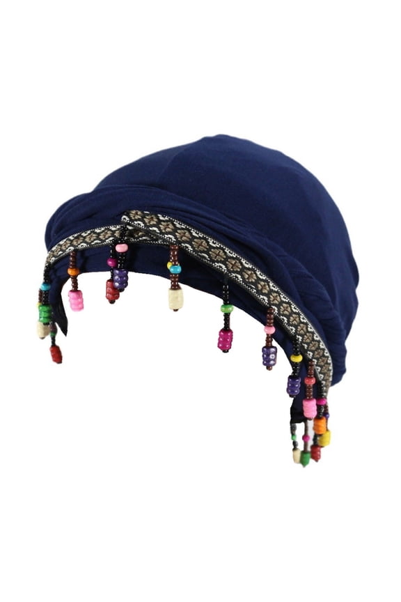 Unisex Beaded Twisted Turban Hat Satin Lined Colorful Tassel Charms Lightweight Head Wrap for Boho Daily Outings & Vacation Navy
