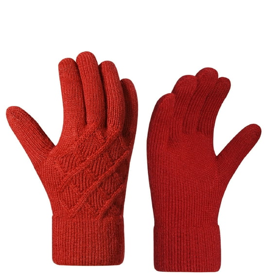PRINxy Unisex Diamond Cable Knit Winter Gloves, Elastic Ribbed Wrist Warm Accessory For Cold Indoor Daily Tasks Red