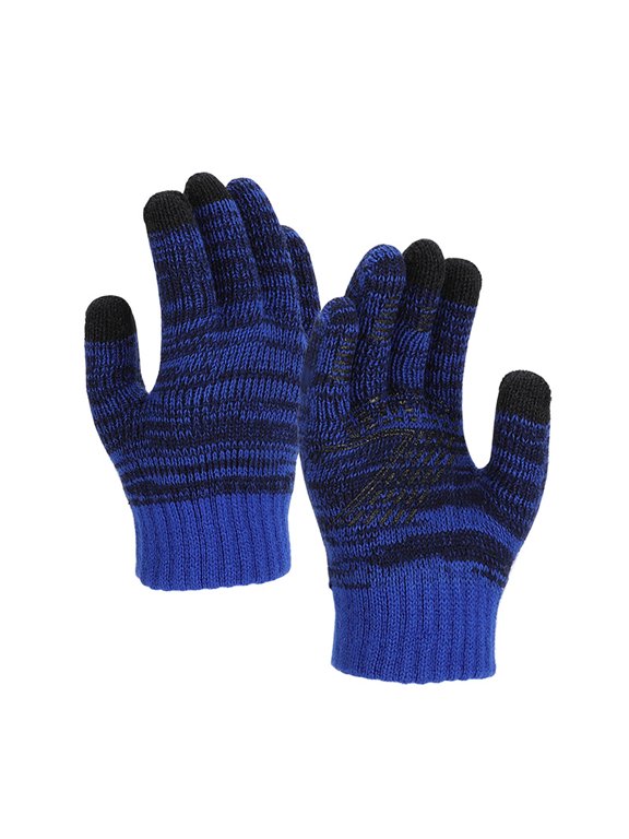 Unisex Heather Striped Knit Touch Gloves, Ribbed Cuff Warm Insulated Accessory For Cold Season Daily Walks Blue
