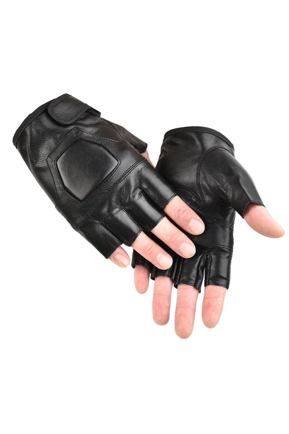 Unisex Leather Half Finger Gloves, Padded Slip-Resistant Palm Accessory For Driving Cycling Training Shooting Black