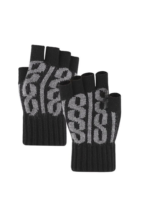 Unisex Number Print Half Finger Knit Gloves, Ribbed Wrist Warm Accessory For Cold Weather Outdoor Walking Black