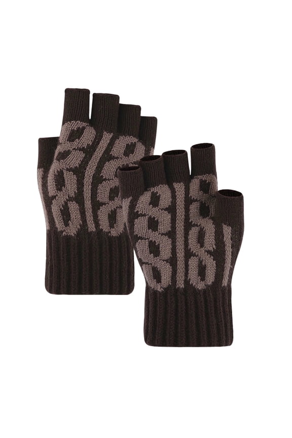 Unisex Number Print Half Finger Knit Gloves, Ribbed Wrist Warm Accessory For Cold Weather Outdoor Walking Coffee