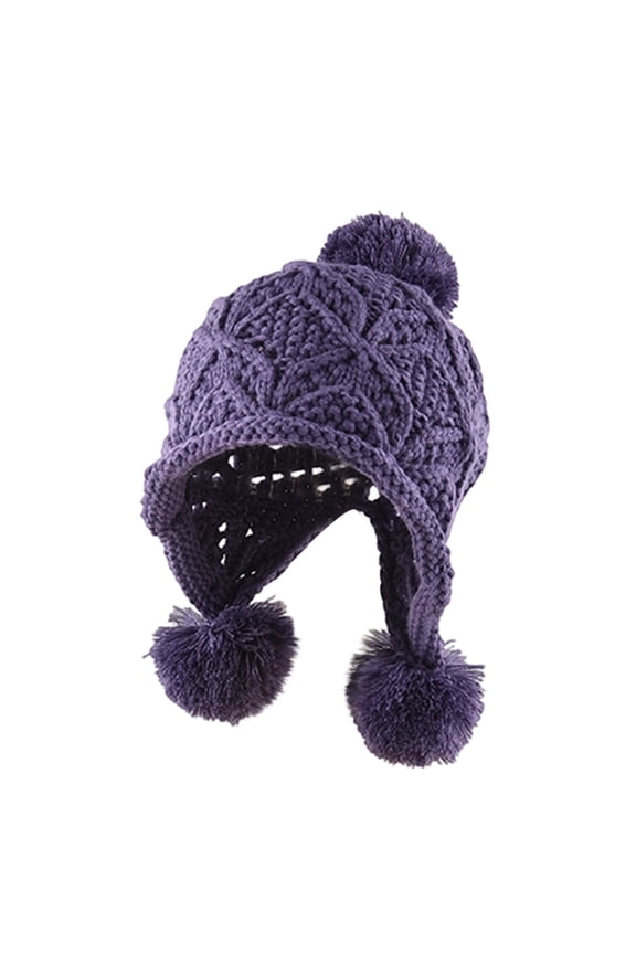 Unisex Openwork Cable Knit Ear Flap Beanie with Multi Pom Poms, Lightweight Wind Resistant Winter Cap for Bike Commutes & Daily Errands Purple
