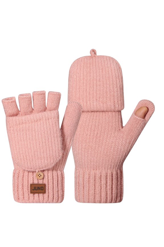 Unisex Rib Knit Convertible Mitten Gloves, Snap Button Warm Accessory For Matching Couple Holiday Gifts Pink