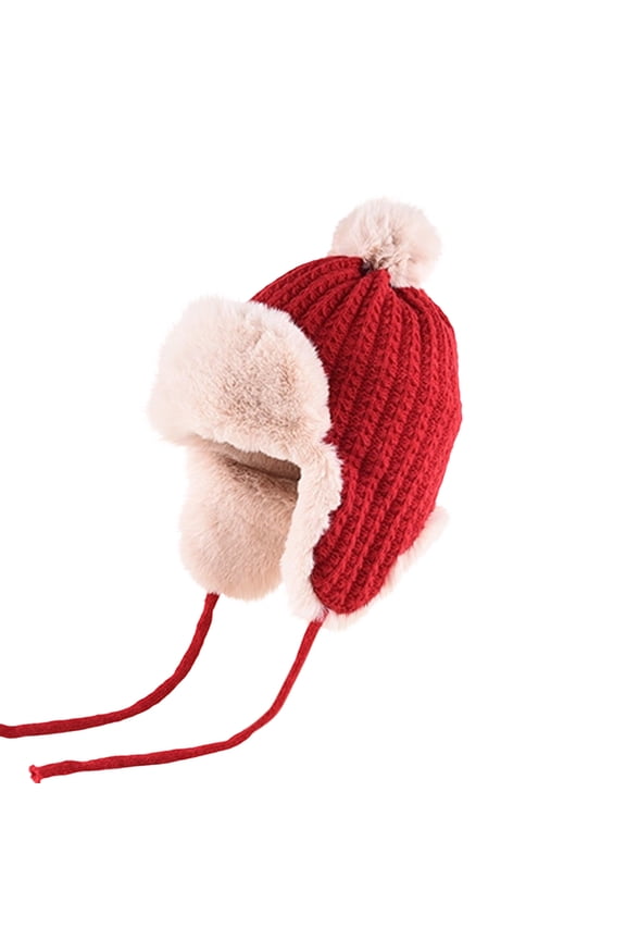 Unisex Ribbed Knit Ear Flap Beanie with Contrast Plush Trim, Fleece Lined Thermal Cap for Bike Rides & Weekend Outings Red