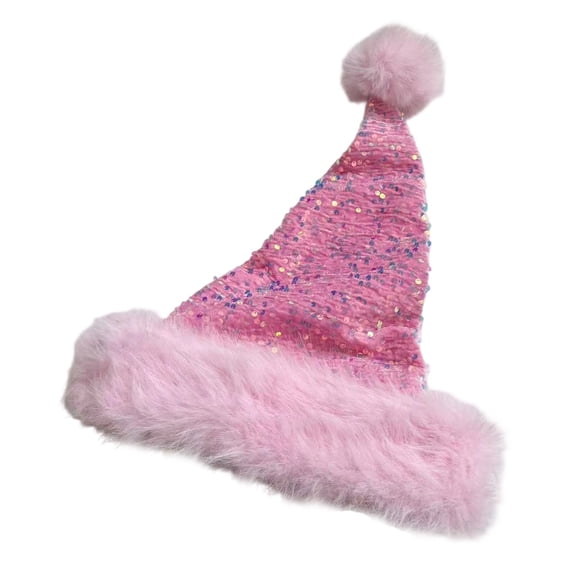PRINxy Unisex Sequin Santa Hat with Plush Trim & Pom Pom, Thickened Warm Festive Cap for Christmas Party Holiday Events Pink