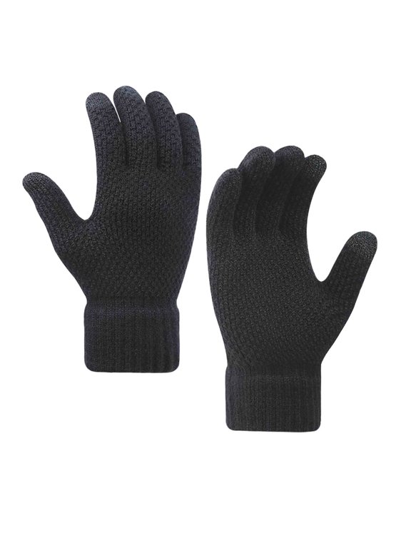 Unisex Waffle Weave Knit Touch Gloves, Elastic Rib Cuff Warm Accessory For Cold Season Daily Outdoor Commutes Black