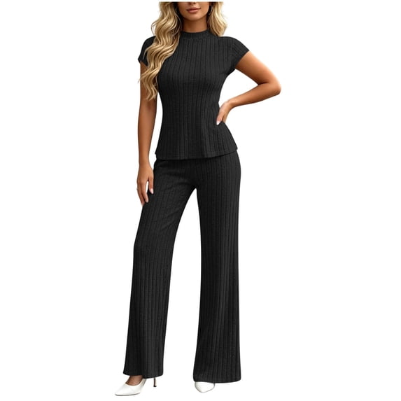 PRINxy Women Basic Summer Matching Outfit Solid Crew Neck Short Sleeve Tee Elastic Straight Trousers Soft Comfortable Daily Home Leisure Two Piece Set Black L