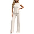 thumbnail image 1 of PRINxy Women Basic Summer Matching Outfit Solid Crew Neck Short Sleeve Tee Elastic Straight Trousers Soft Comfortable Daily Home Leisure Two Piece Set Beige S, 1 of 7