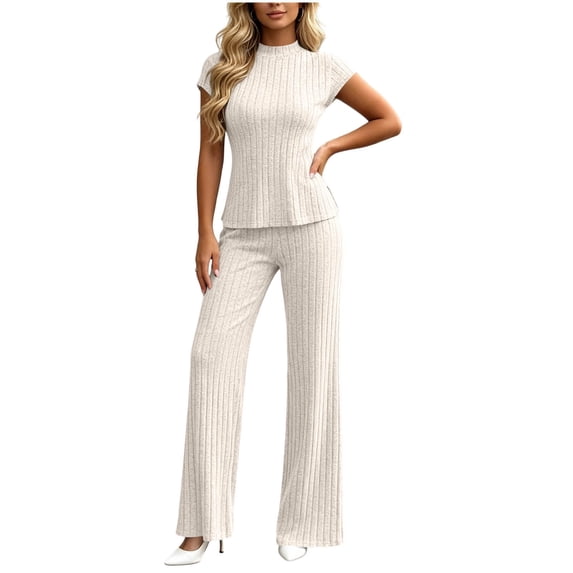 PRINxy Women Basic Summer Matching Outfit Solid Crew Neck Short Sleeve Tee Elastic Straight Trousers Soft Comfortable Daily Home Leisure Two Piece Set Beige S