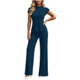 thumbnail image 1 of PRINxy Women Basic Summer Matching Outfit Solid Crew Neck Short Sleeve Tee Elastic Straight Trousers Soft Comfortable Daily Home Leisure Two Piece Set Blue XL, 1 of 7