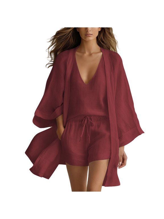Women Beach Vacation Three Piece Suit V Neck Camisole Top Loose Open Front Cardigan Drawstring Casual Shorts Summer Resort Leisure Matching Outfit Wine S