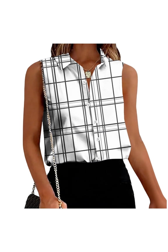 Women Classic Multi Line Plaid Grid Print Collared Sleeveless Button Front Shirt Wrinkle Resistant Staple For Office To Brunch Transition Looks Multicolor S