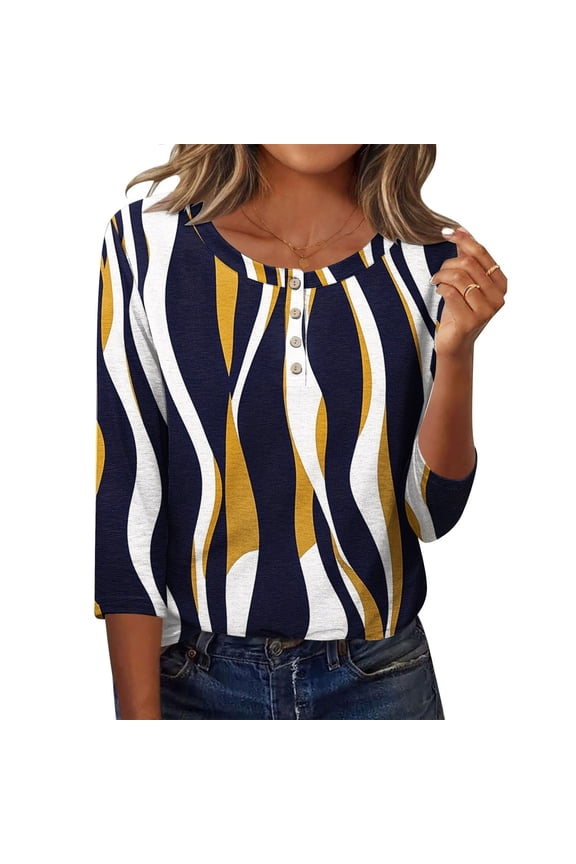Women Crew Neck Henley Half Placket Irregular Wavy Stripe Graphic 3/4 Sleeve Curved Hem Pullover Grocery Stroll Weekend Top Multicolor L
