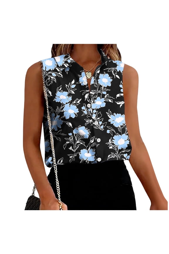 Women Dark Base Soft Blue Floral Print Collared Sleeveless Button Down Shirt Thin Breathable Fabric For Tropical Vacation Layering Outfit Multicolor S