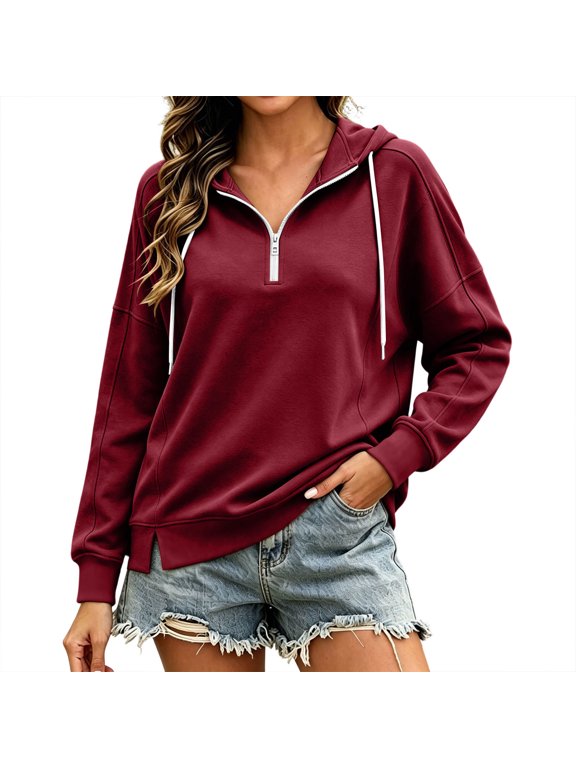 Women Half Zip Drawstring Hooded Henley Sweatshirt, Side Slit Hem, Drop Shoulder, Long Sleeve, Top For Coastal Strolls Wine XXL
