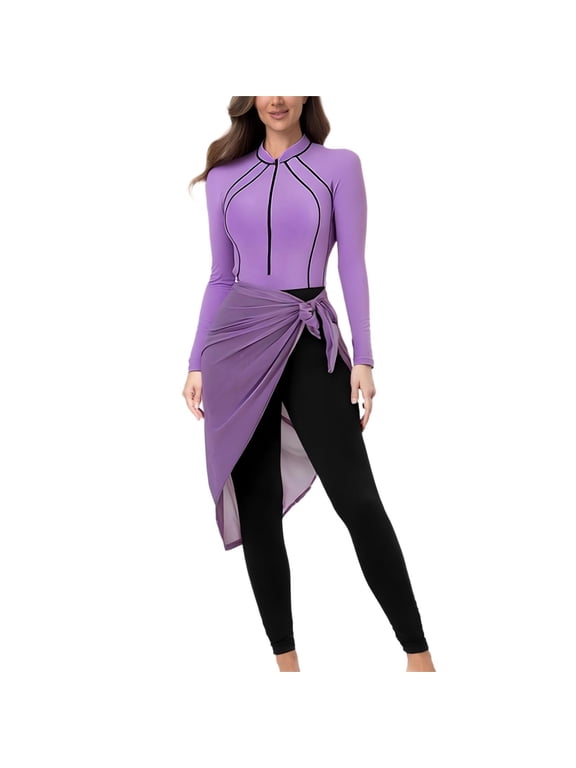 Women Line Stripe Long Sleeve Full Length One Piece Wetsuit With Wrap Skirt Cover Up, Quick Dry Full Coverage Surf Diving Swim Set Purple S
