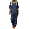 thumbnail image 1 of PRINxy Women All Match Linen Texture Two Piece Outfit Summer Crew Neck Short Sleeve Top Loose Wide Leg Pants Ladies Outdoor Leisure Daily Wear Suit Navy XL, 1 of 7
