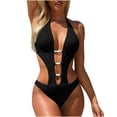 thumbnail image 1 of PRINxy Women One Piece Halter Monokini Swimsuit Deep V Neck Cutout Pearl Accent High Cut Padded Bra Summer Beach Party Attire Black S, 1 of 9