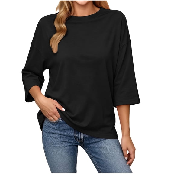 PRINxy Women Oversized Crew Drop Shoulder Solid Mid Sleeve Relaxed Curved Hem T-Shirt Weekend Mall Picnic Outfit Black S
