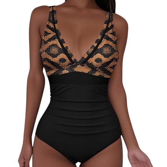 PRINxy Women Snake Skin Print V Neck One Piece Swimsuit, High Waist Ruched Tummy Control Padded Bathing Suit, Trendy Animal Pattern Summer Beach Swimwear Multicolor XL