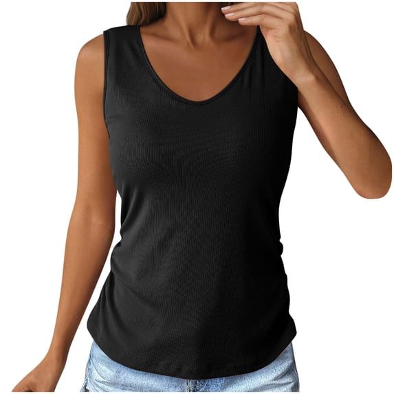 PRINxy Women Solid Ribbed V Neck Sleeveless Tank Top Side Ruched Flattering Cut Lightweight Tee For Date Night Casual Styling Black S