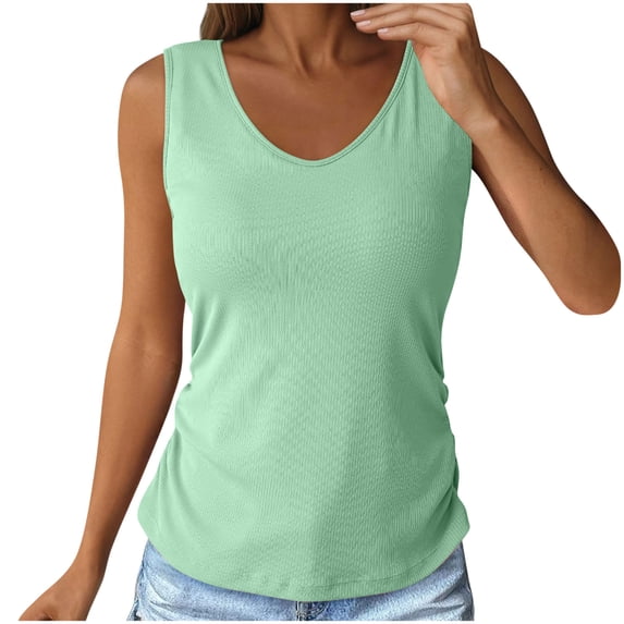 PRINxy Women Solid Ribbed V Neck Sleeveless Tank Top Side Ruched Flattering Cut Lightweight Tee For Date Night Casual Styling Mint Green XL