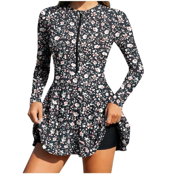 PRINxy Women Two Piece Long Sleeve Rash Guard Swim Dress Half Zip Ditsy Floral Print Boyshorts UPF 50 Surf Swimwear Adjustable Straps Summer Beach Outfit Pink XXL